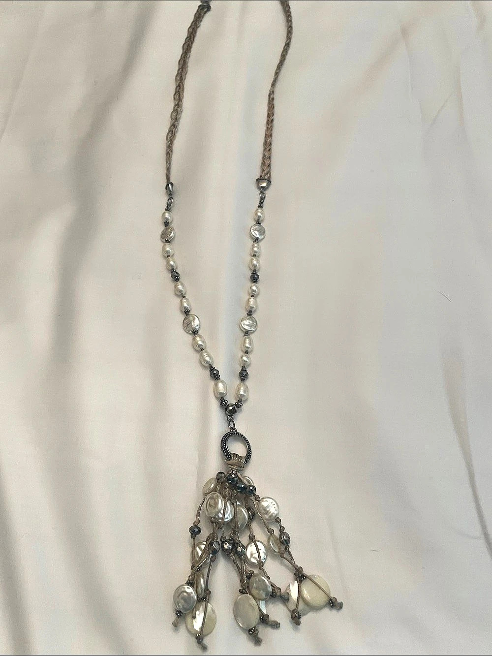 Chico's Pearl Pendant Necklace in White and Silver 22” at drop
